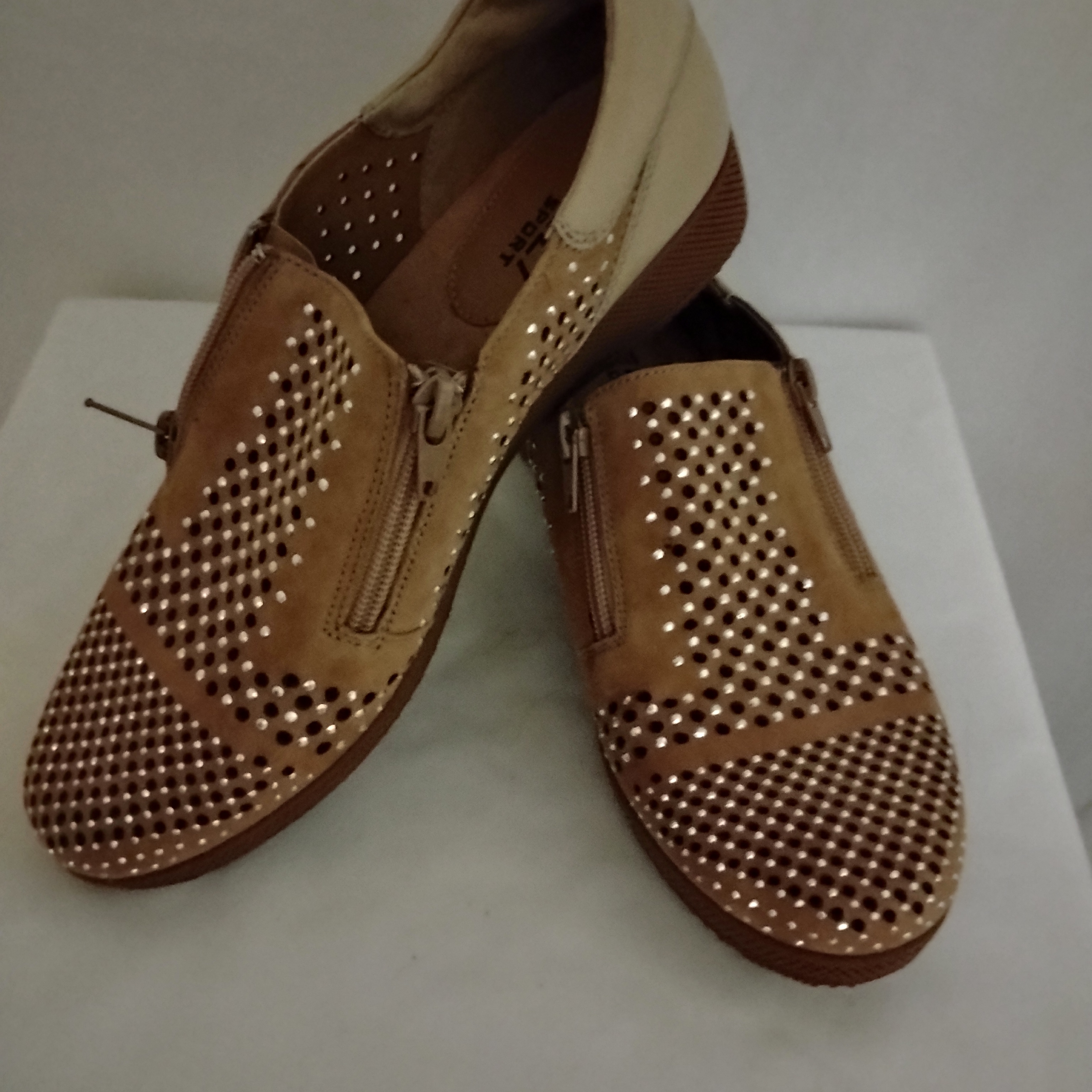 Vaneli Zippers Tan Slip-On Shoes With Studded Design